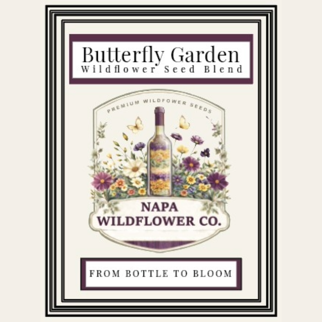 A framed vintage-style label or box design for Butterfly Garden Wildflower Seed Blend, featuring the Napa Wildflower Co. logo, a central illustrated flower bottle, butterflies, and wildflowers on a cream background.