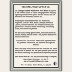 A text-based product information card for 'The Napa Wildflower Co.'s Cottage Garden Wildflower Seed Blend, detailing the seed blend's inspiration, featured wildflowers, benefits, planting instructions, and contact information.