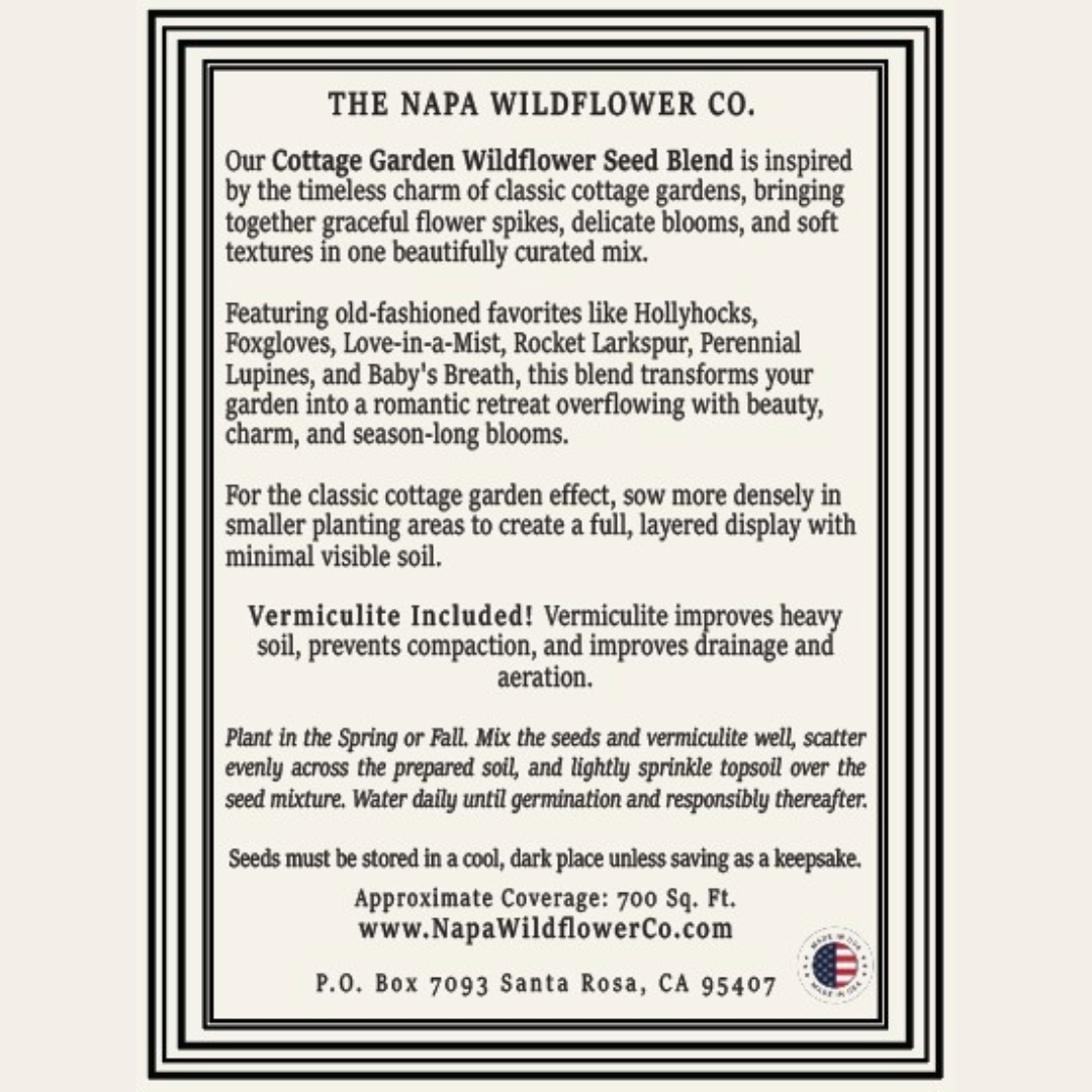 A text-based product information card for 'The Napa Wildflower Co.'s Cottage Garden Wildflower Seed Blend, detailing the seed blend's inspiration, featured wildflowers, benefits, planting instructions, and contact information.