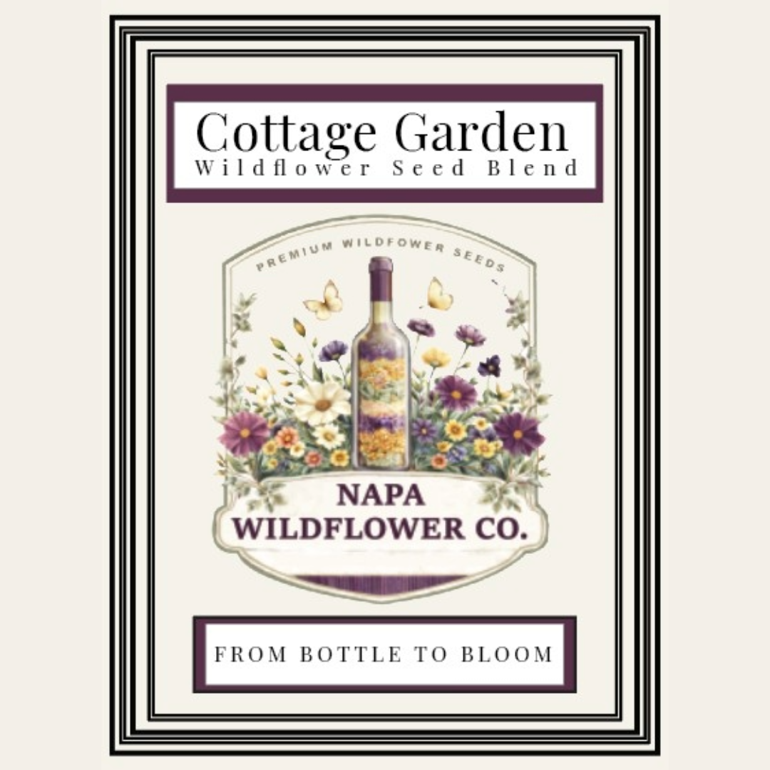 A framed product label for Cottage Garden Wildflower Seed Blend by Napa Wildflower Co., featuring a vintage-style floral illustration with a bottle, butterflies, and purple text on a cream background.