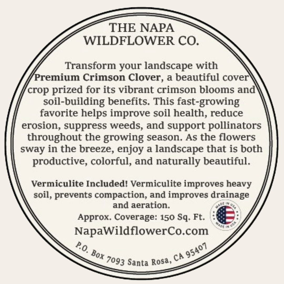 A circular printed label or package insert for The Napa Wildflower Co. cover crop, featuring black text on a light beige background with a thin double-line circular border.