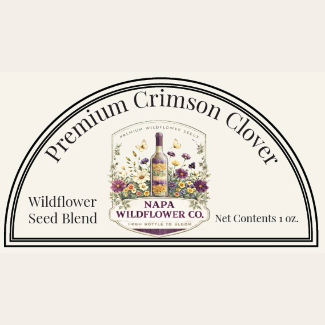 A product label graphic for Napa Wildflower Co. Premium Crimson Clover Wildflower Seed Blend, featuring a central floral illustration with a wine bottle and the brand name, set against a light cream background.
