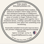 A circular printed label or packaging insert for The Napa Wildflower Co., with black text on a warm beige background and a thin double-lined circular border.