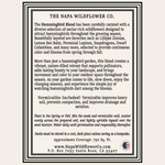 A square informational card for The Napa Wildflower Co. detailing the Hummingbird Blend nectar-rich wildflowers for hummingbirds and vermiculite soil amendment instructions, framed by a double border on a white background.