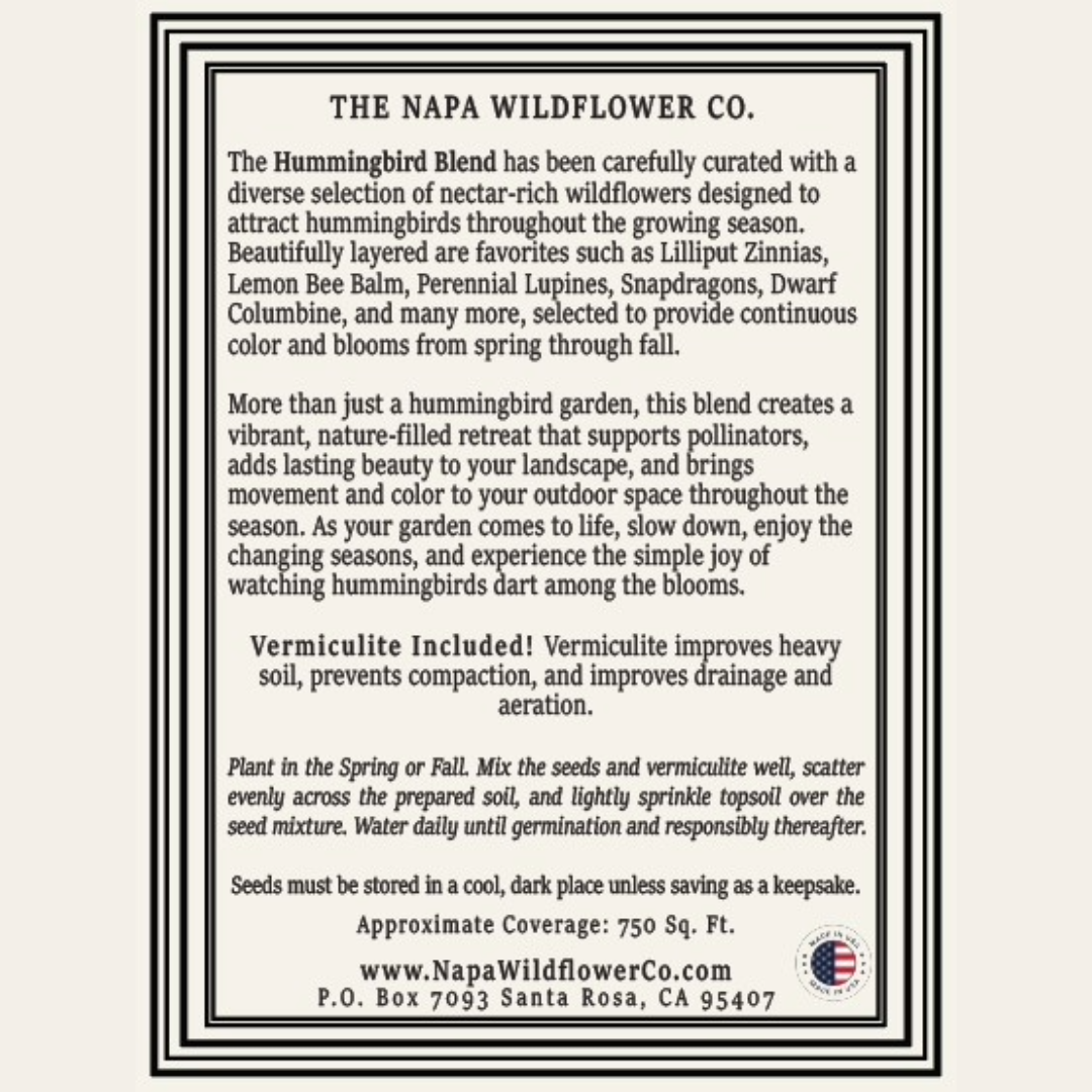 A square informational card for The Napa Wildflower Co. detailing the Hummingbird Blend nectar-rich wildflowers for hummingbirds and vermiculite soil amendment instructions, framed by a double border on a white background.