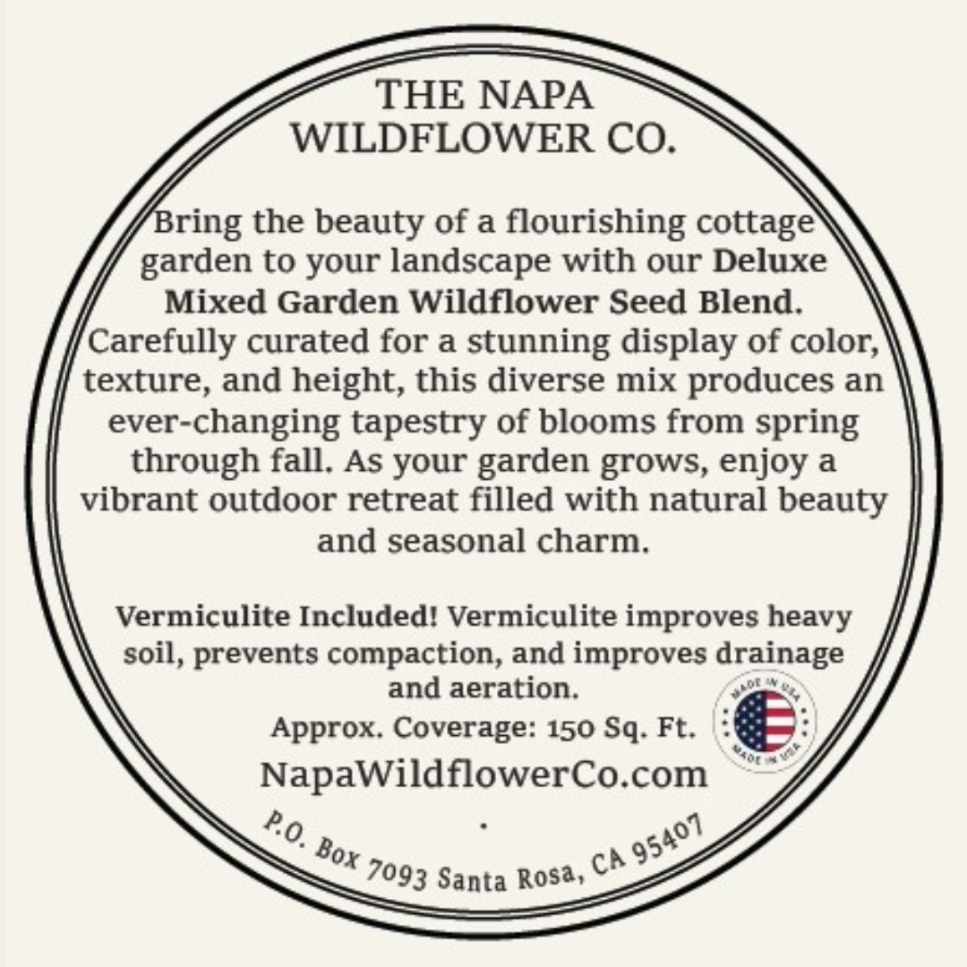 A circular printed label or package insert for The Napa Wildflower Co. Deluxe Mixed Garden Wildflower Seed Blend, with black text on a warm cream background and a small American flag seal near the lower right.
