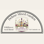 A product label graphic for Napa Wildflower Co. 'Deluxe Mixed Garden' wildflower seed blend, featuring a central floral illustration with a bottle and the brand name, on a cream background.