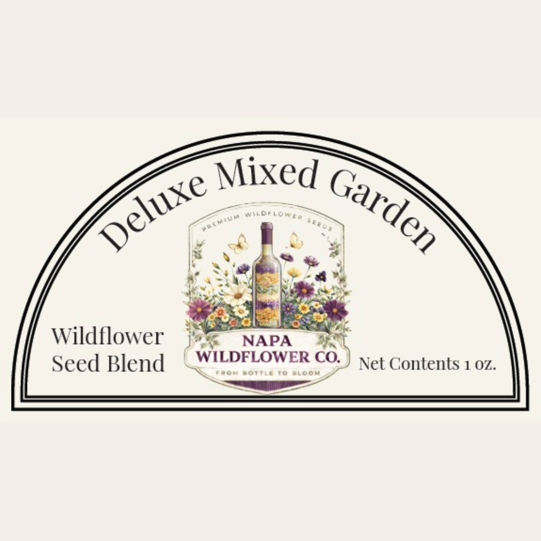 A product label graphic for Napa Wildflower Co. 'Deluxe Mixed Garden' wildflower seed blend, featuring a central floral illustration with a bottle and the brand name, on a cream background.