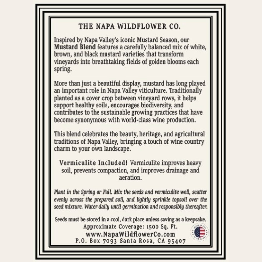 A square black-and-white printed informational card for The Napa Wildflower Co., with paragraphs of text about a mustard blend and vineyard planting instructions.
