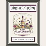 A framed label-style graphic for 'Mustard Garden Wildflower Seed Blend' by Napa Wildflower Co., showing a central illustrated flower bottle surrounded by wildflowers and butterflies on a cream background.