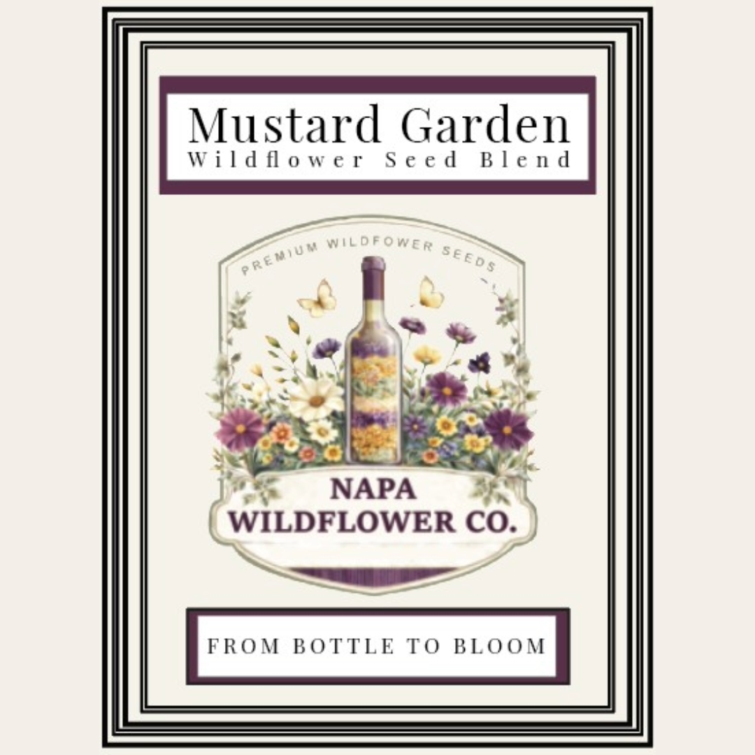 A framed label-style graphic for 'Mustard Garden Wildflower Seed Blend' by Napa Wildflower Co., showing a central illustrated flower bottle surrounded by wildflowers and butterflies on a cream background.