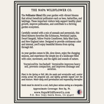 A square informational card for The Napa Wildflower Co. with black text on a white background, bordered by a double-line black frame.