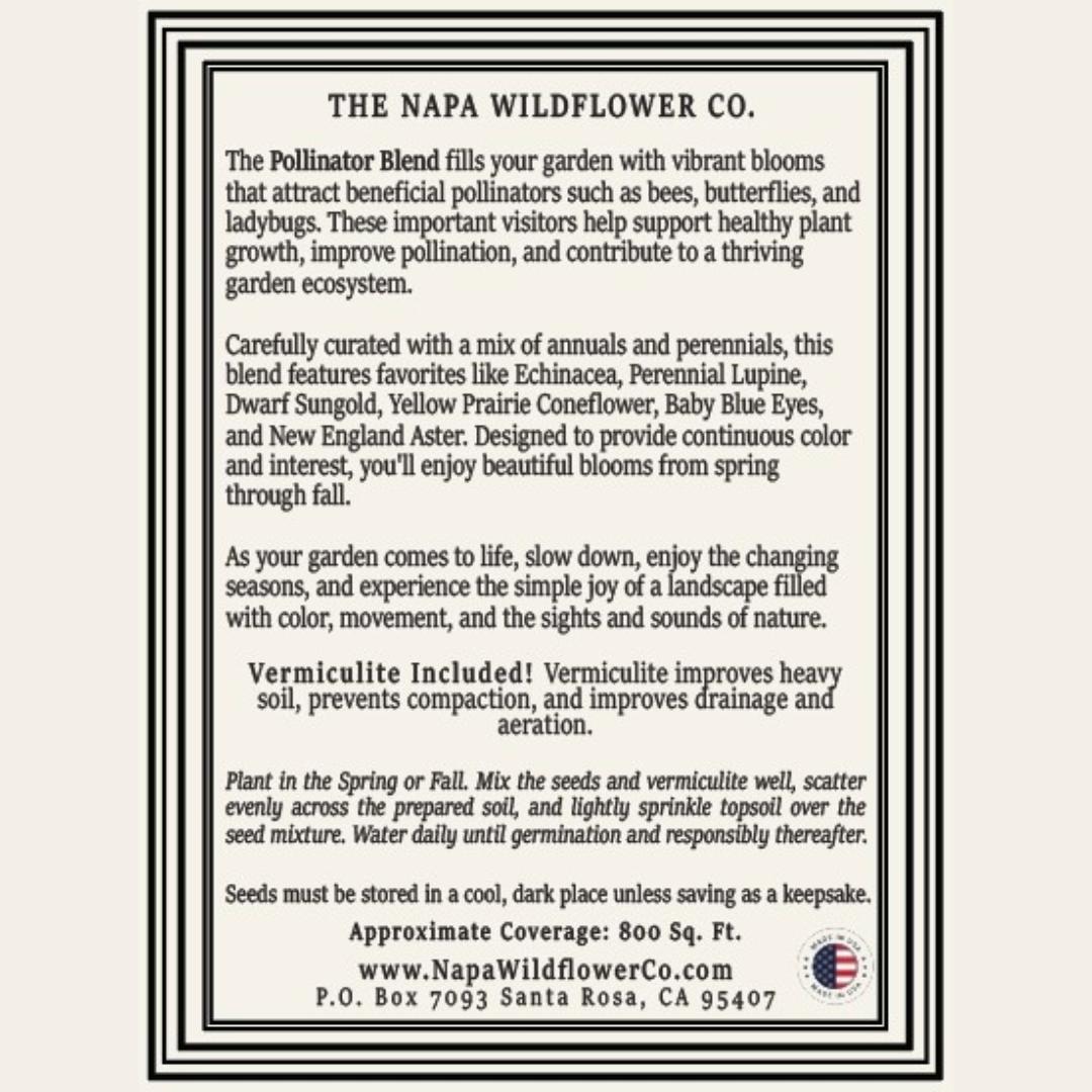 A square informational card for The Napa Wildflower Co. with black text on a white background, bordered by a double-line black frame.