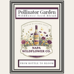 A square product label or box front for Pollinator Garden Wildflower Seed Blend by Napa Wildflower Co., featuring a cream background with a double black border, floral and butterfly artwork around a central bottle illustration, and the text 'FROM BOTTLE TO BLOOM'.