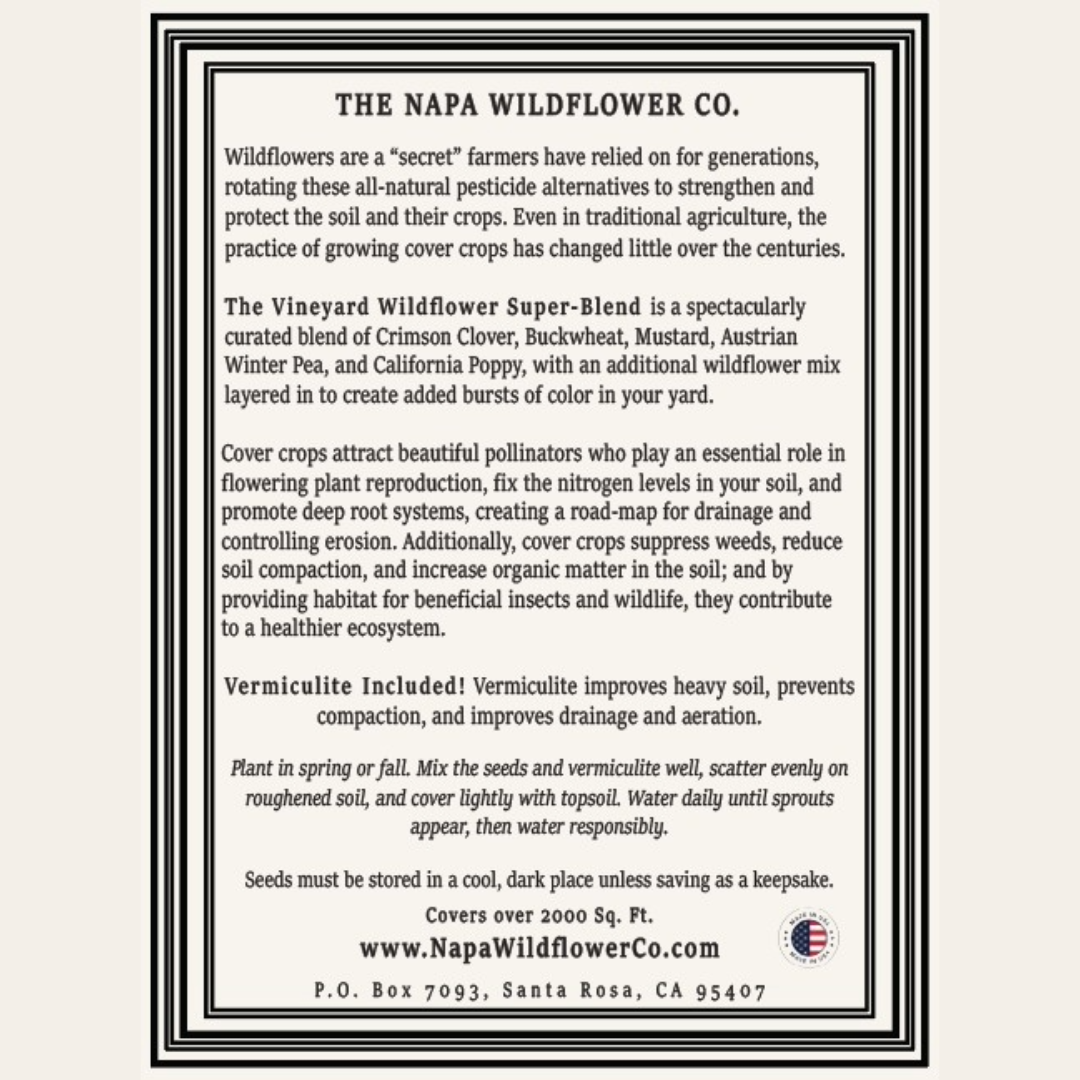A text-based product information card for The Napa Wildflower Co. detailing the Vineyard Wildflower Super-Blend, including descriptions of wildflower benefits, cover crop uses, and Vermicite Plus inclusion, with contact information and a small logo at the bottom.