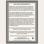 A text-based product information card for The Napa Wildflower Co. detailing the Vineyard Wildflower Super-Blend, including descriptions of wildflower benefits, cover crop uses, and Vermicite Plus inclusion, with contact information and a small logo at the bottom.