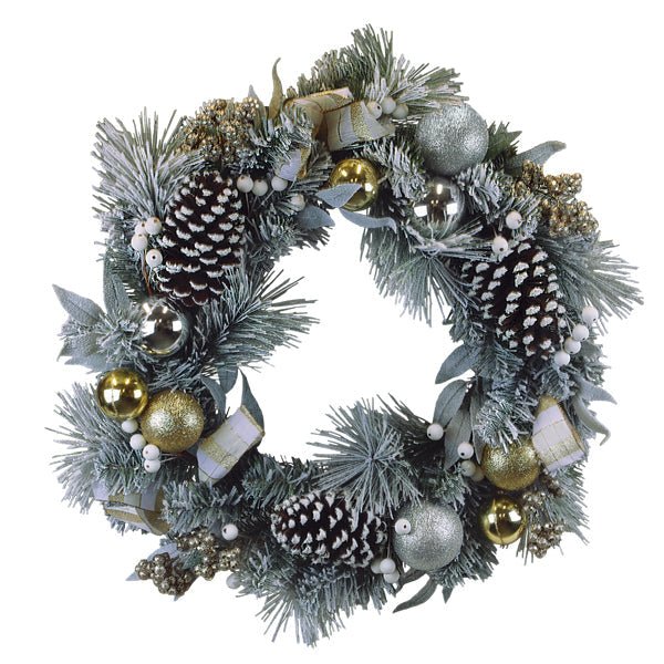 24" Silver & Gold Frosted Fir Wreath | Timeless Luxury - Napa Valley Wildflower Co.