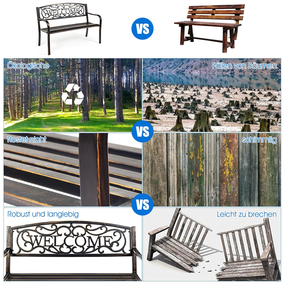 Comparison of metal and wooden benches with environmental impact text.
