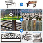 Comparison of metal and wooden benches with environmental impact text.