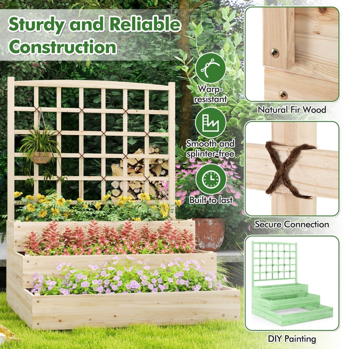 3 - Tier Raised Garden Bed with Lattice Trellis – Stackable Wooden Planter (Natural) - Napa Valley Wildflower Co.
