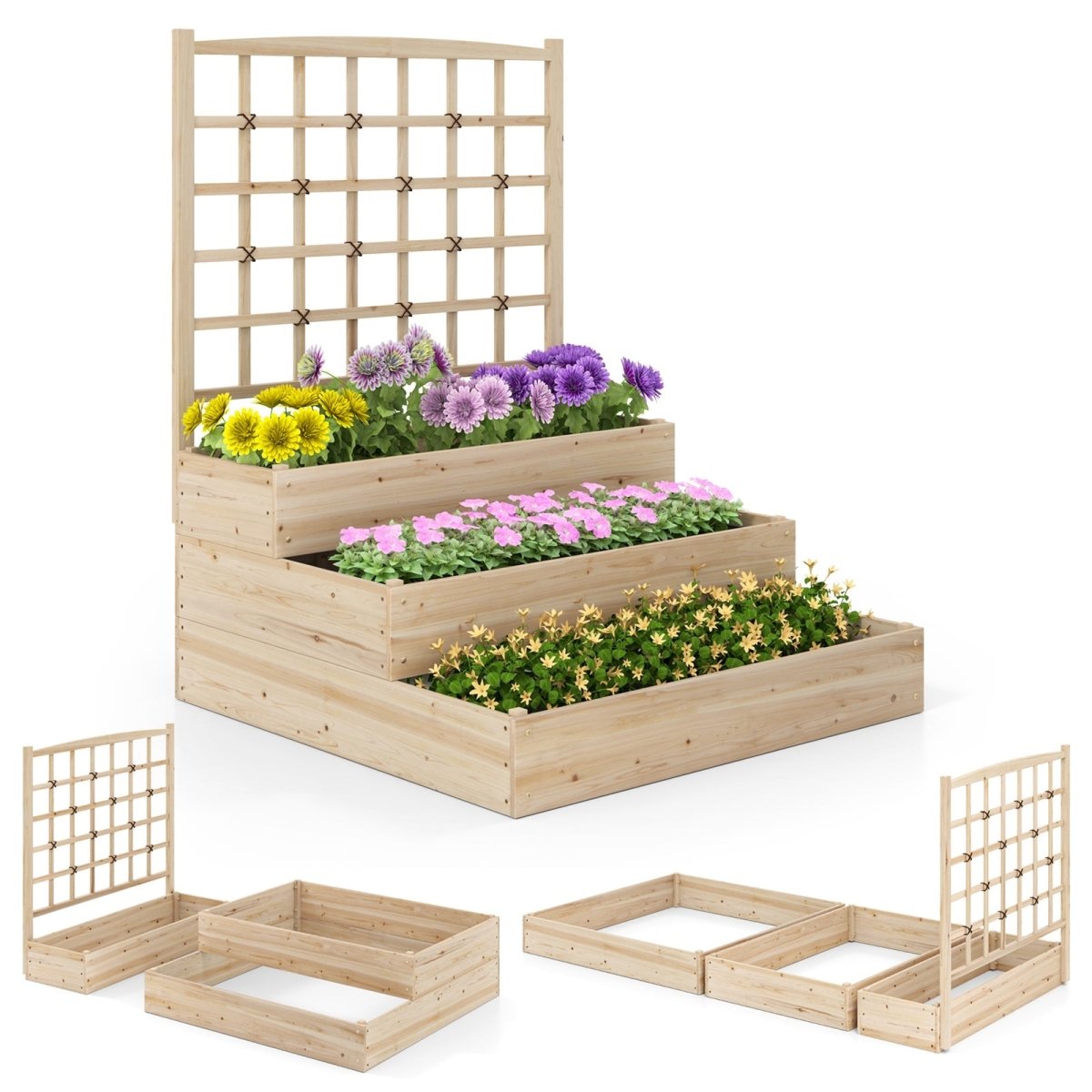 3 - Tier Raised Garden Bed with Lattice Trellis – Stackable Wooden Planter (Natural) - Napa Valley Wildflower Co.