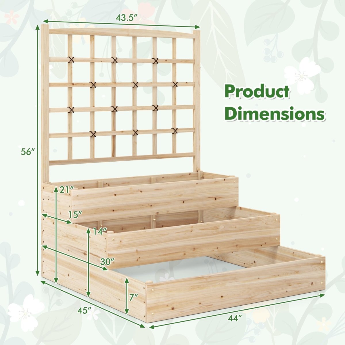 3 - Tier Raised Garden Bed with Lattice Trellis – Stackable Wooden Planter (Natural) - Napa Valley Wildflower Co.