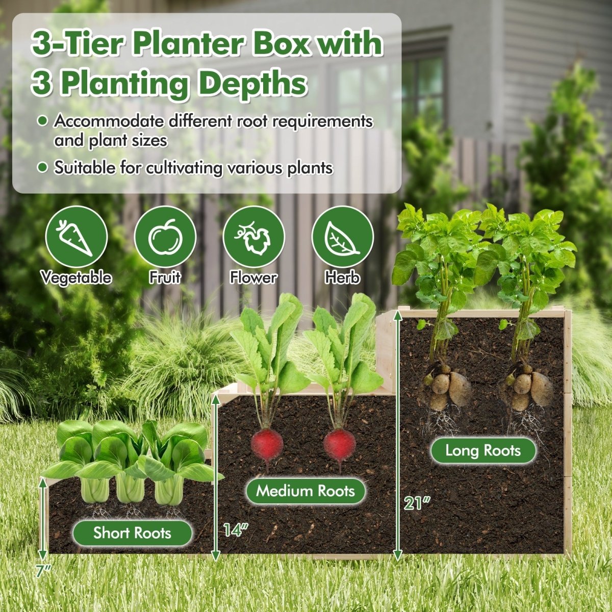 3 - Tier Raised Garden Bed with Lattice Trellis – Stackable Wooden Planter (Natural) - Napa Valley Wildflower Co.