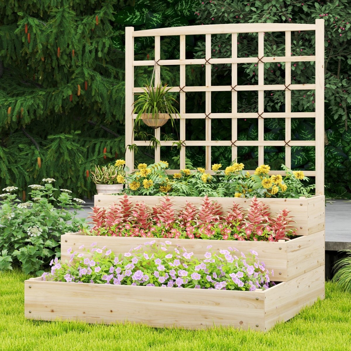 3 - Tier Raised Garden Bed with Lattice Trellis – Stackable Wooden Planter (Natural) - Napa Valley Wildflower Co.