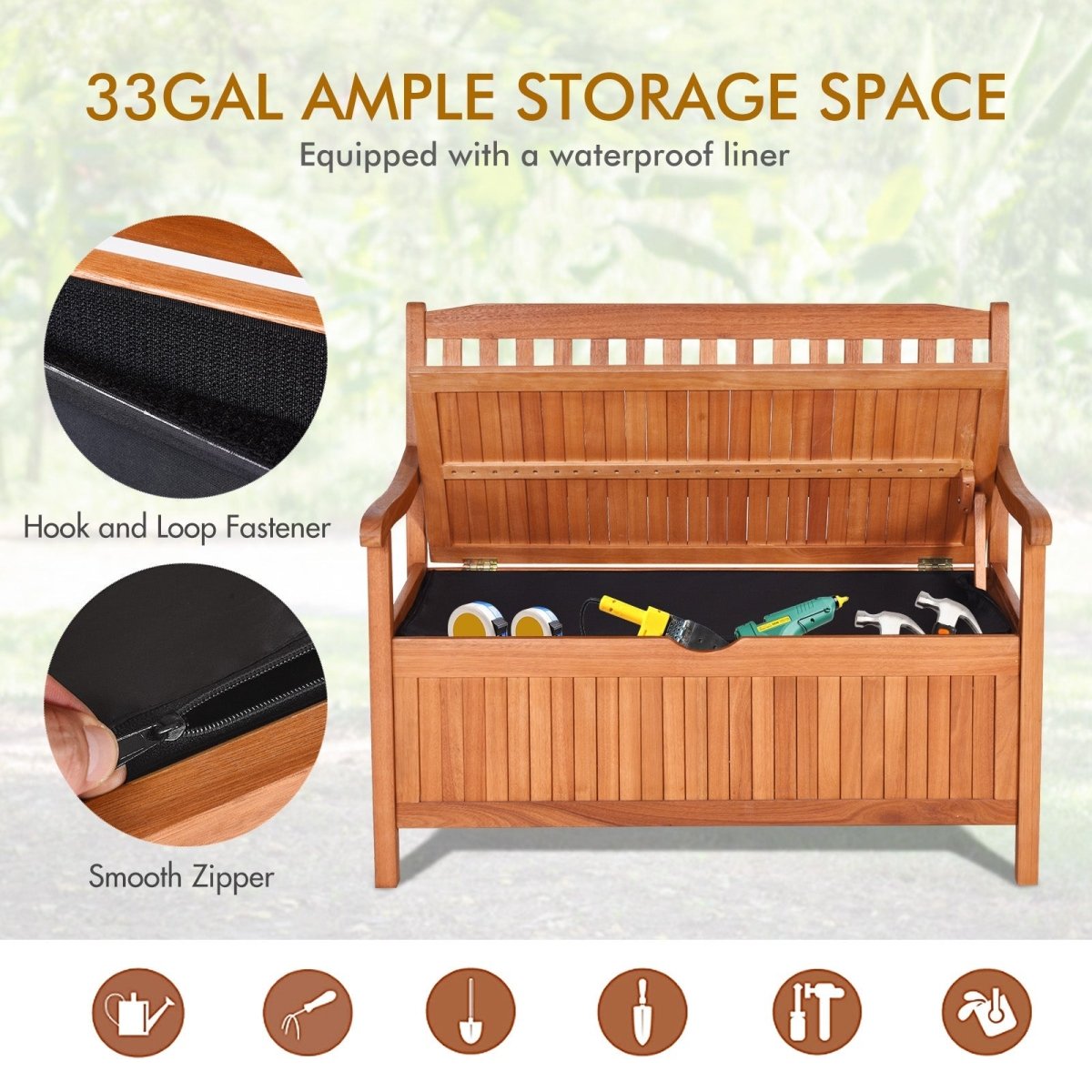 33 Gallon Wooden Storage Bench with Liner – Eucalyptus Patio Storage Seat - Napa Valley Wildflower Co.