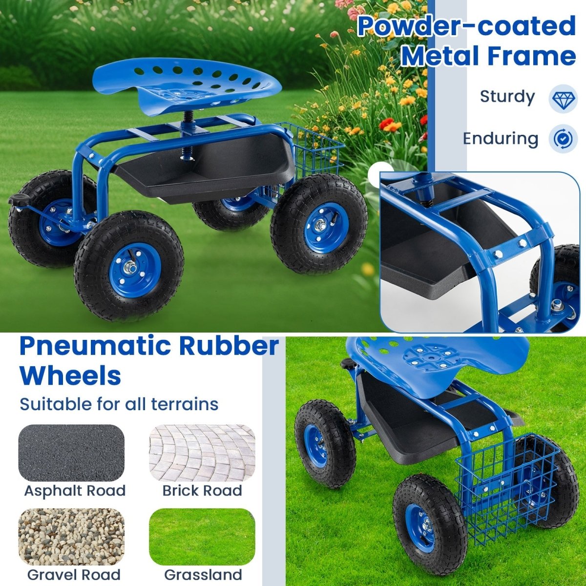 4 - Wheel Rolling Garden Cart with Seat – Adjustable Swivel Garden Scooter (Blue) - Napa Valley Wildflower Co.