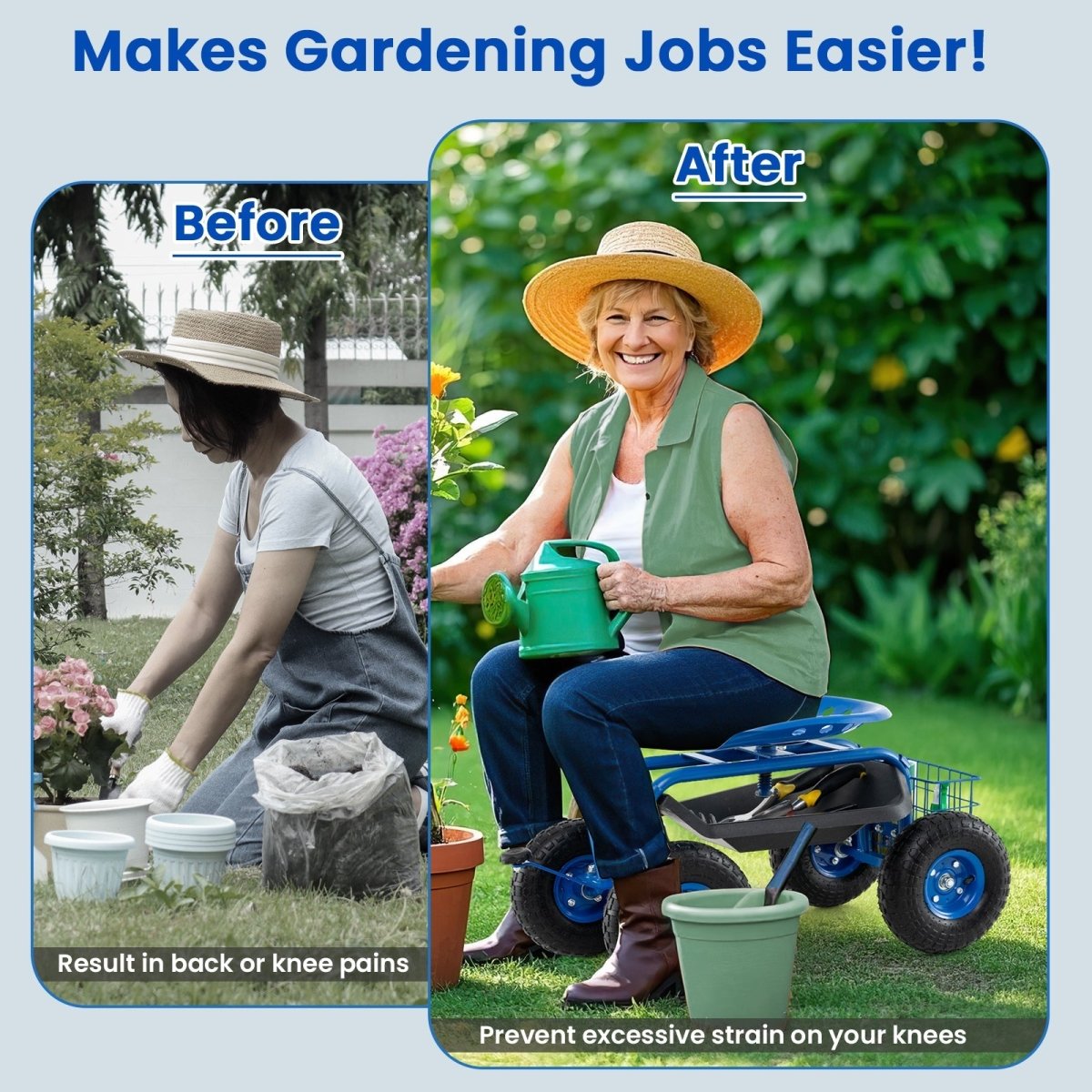 4 - Wheel Rolling Garden Cart with Seat – Adjustable Swivel Garden Scooter (Blue) - Napa Valley Wildflower Co.