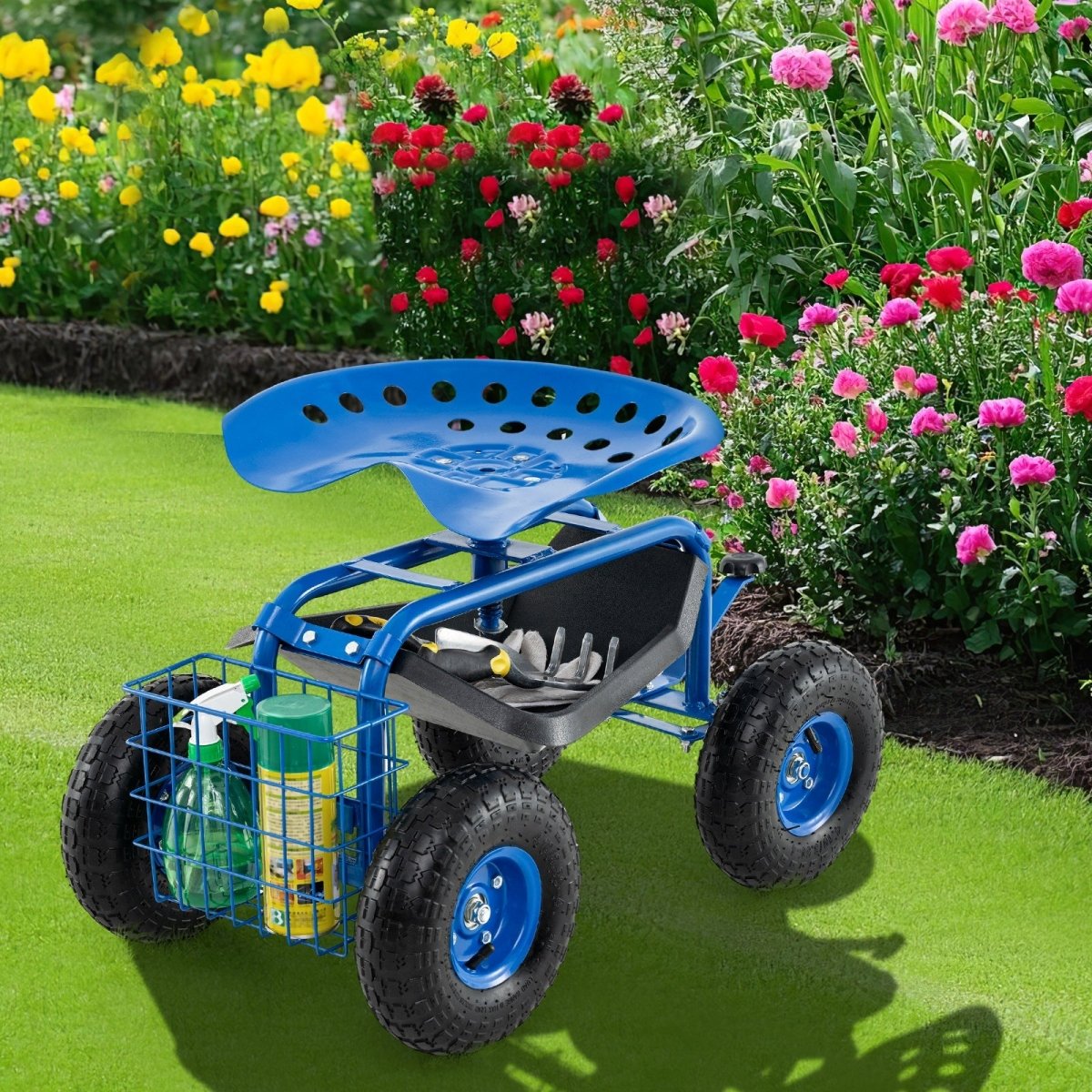 4 - Wheel Rolling Garden Cart with Seat – Adjustable Swivel Garden Scooter (Blue) - Napa Valley Wildflower Co.