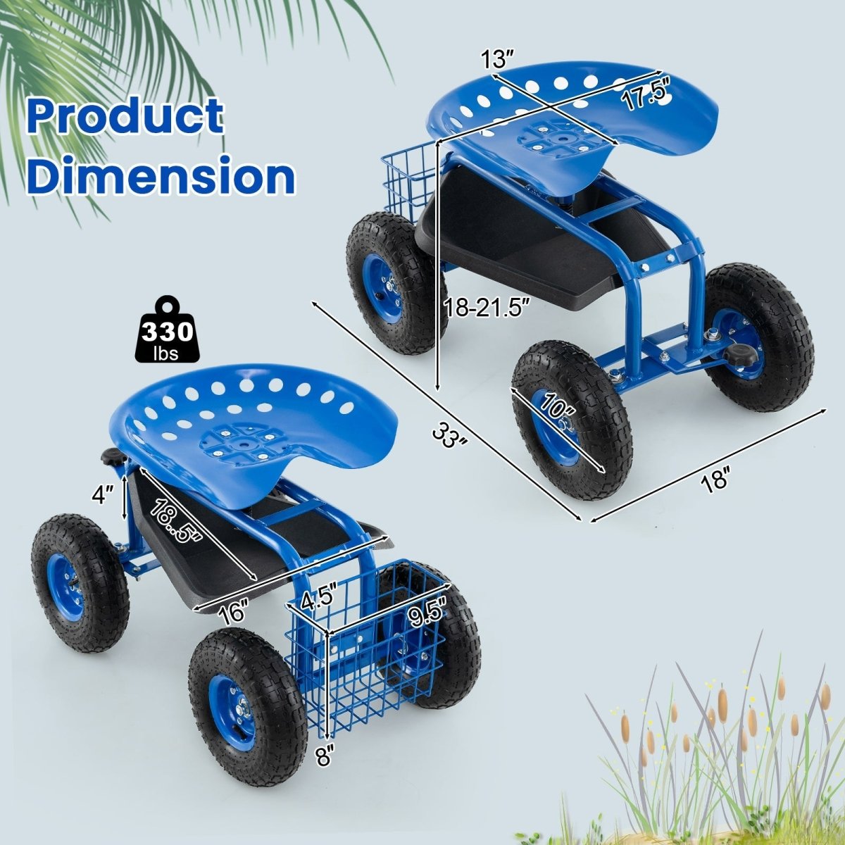 4 - Wheel Rolling Garden Cart with Seat – Adjustable Swivel Garden Scooter (Blue) - Napa Valley Wildflower Co.