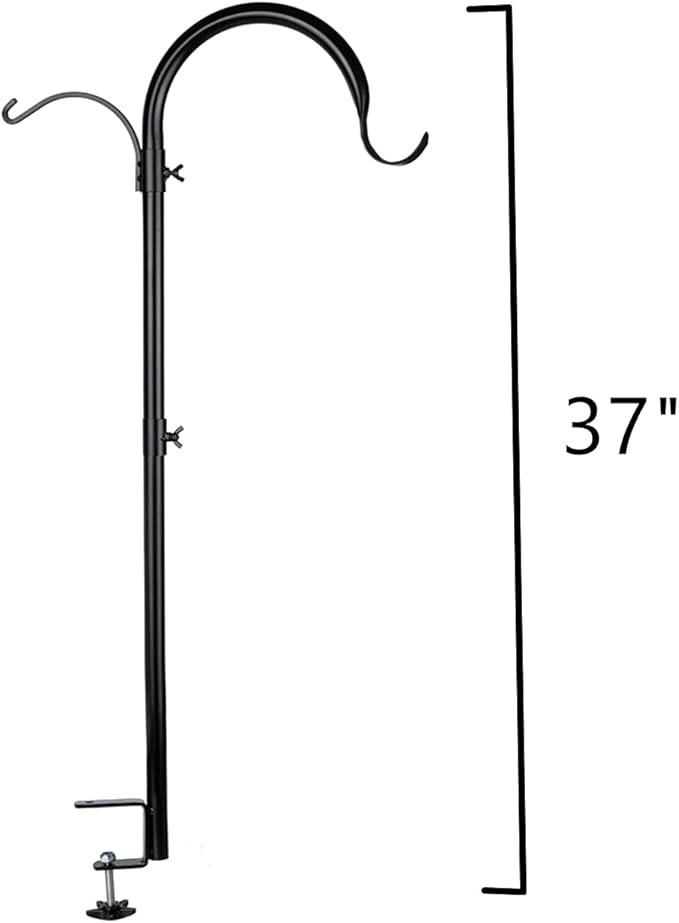 Black metal bird feeder stand with hooks on a white background