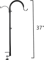 Black metal bird feeder stand with hooks on a white background