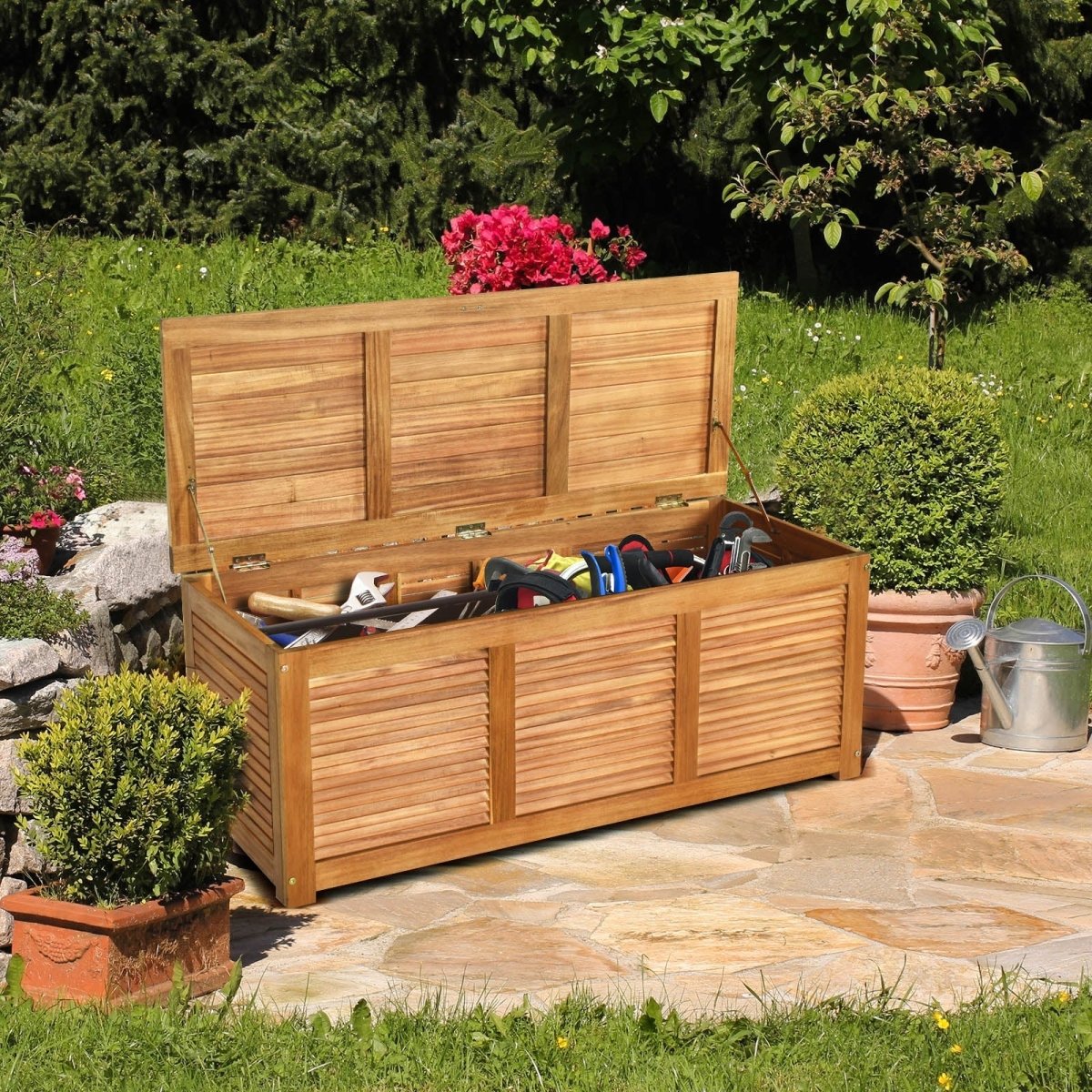 46 Gallon Acacia Wood Storage Bench – Outdoor Deck Box & Seating - Napa Valley Wildflower Co.