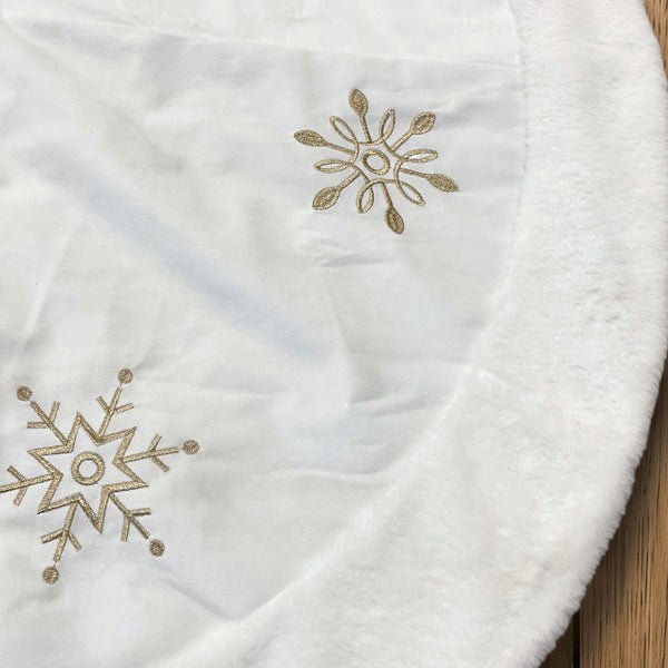 48" Ivory Snowflake Embroidered Tree Skirt with Faux Fur Trim - Napa Valley Wildflower Co.