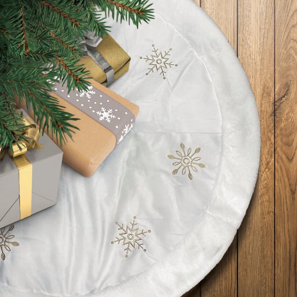 48" Ivory Snowflake Embroidered Tree Skirt with Faux Fur Trim - Napa Valley Wildflower Co.