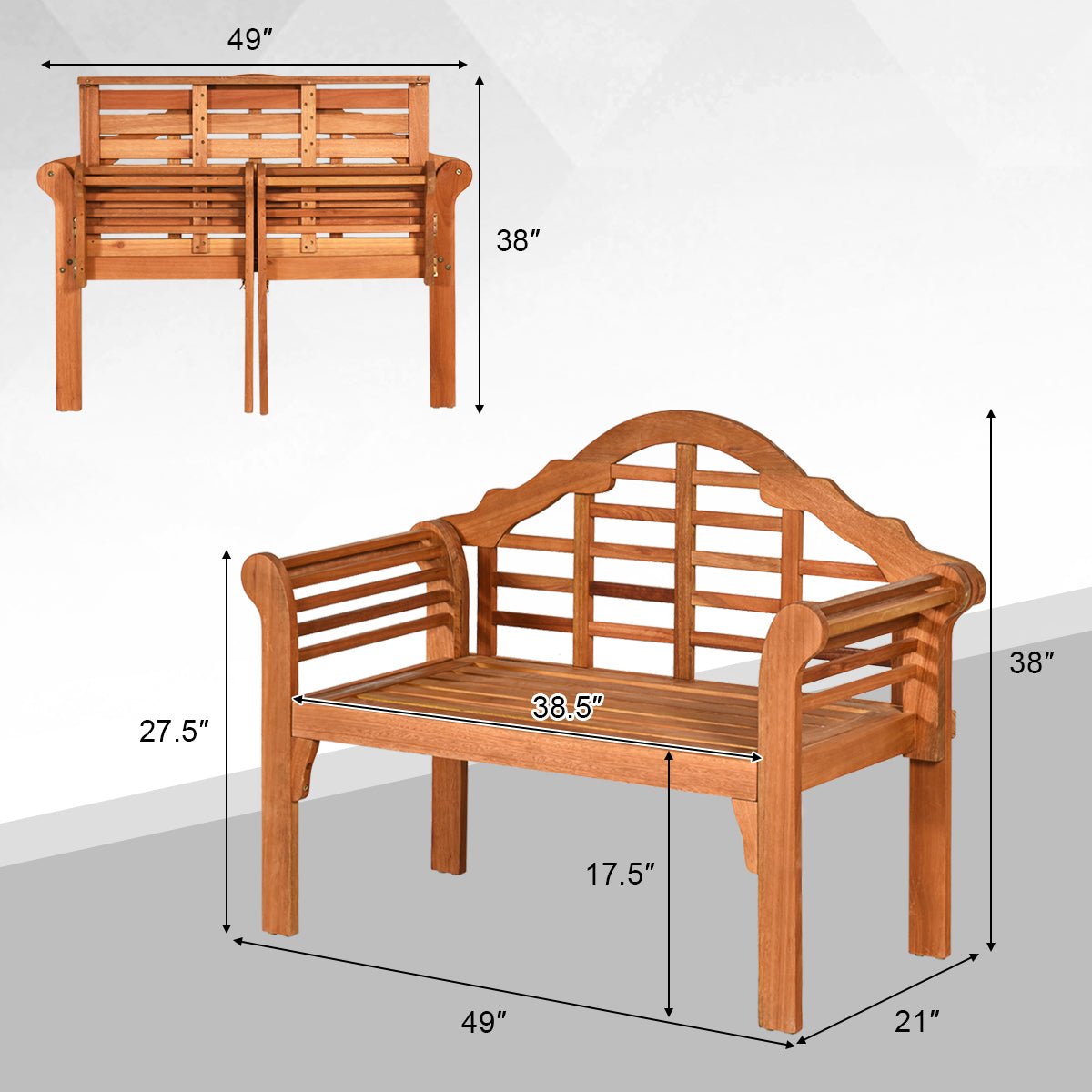 49” Eucalyptus Wood Folding Bench – Outdoor Patio Bench with Backrest & Armrests - Napa Valley Wildflower Co.