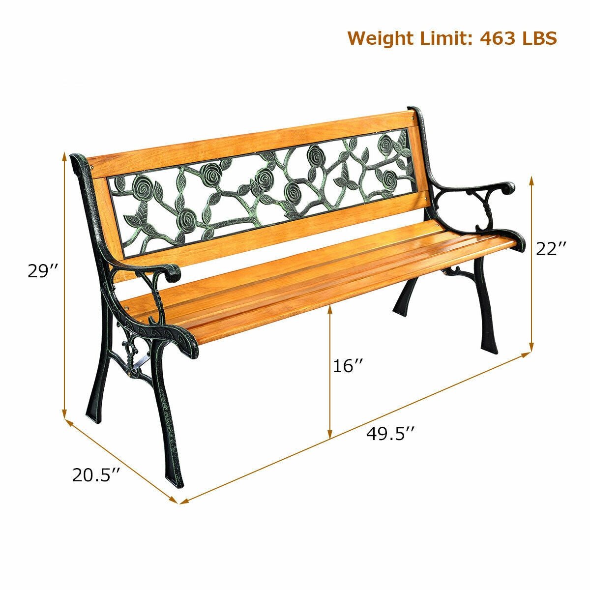49.5” Outdoor Garden Bench – Wood & Iron Patio Chair with Decorative Backrest - Napa Valley Wildflower Co.