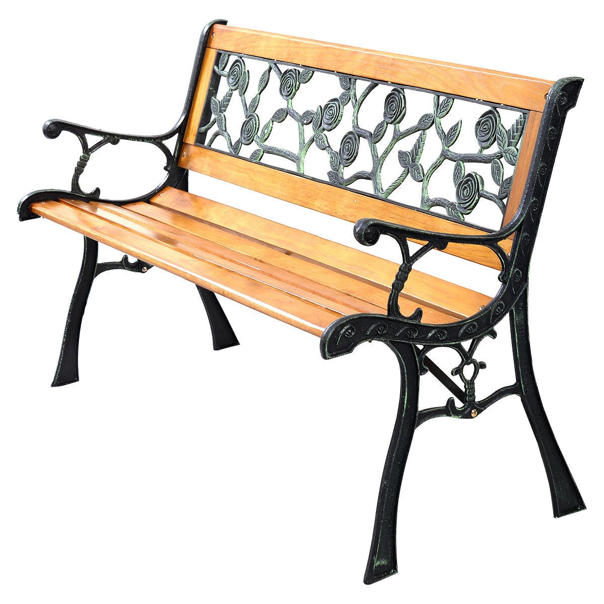49.5” Outdoor Garden Bench – Wood & Iron Patio Chair with Decorative Backrest - Napa Valley Wildflower Co.