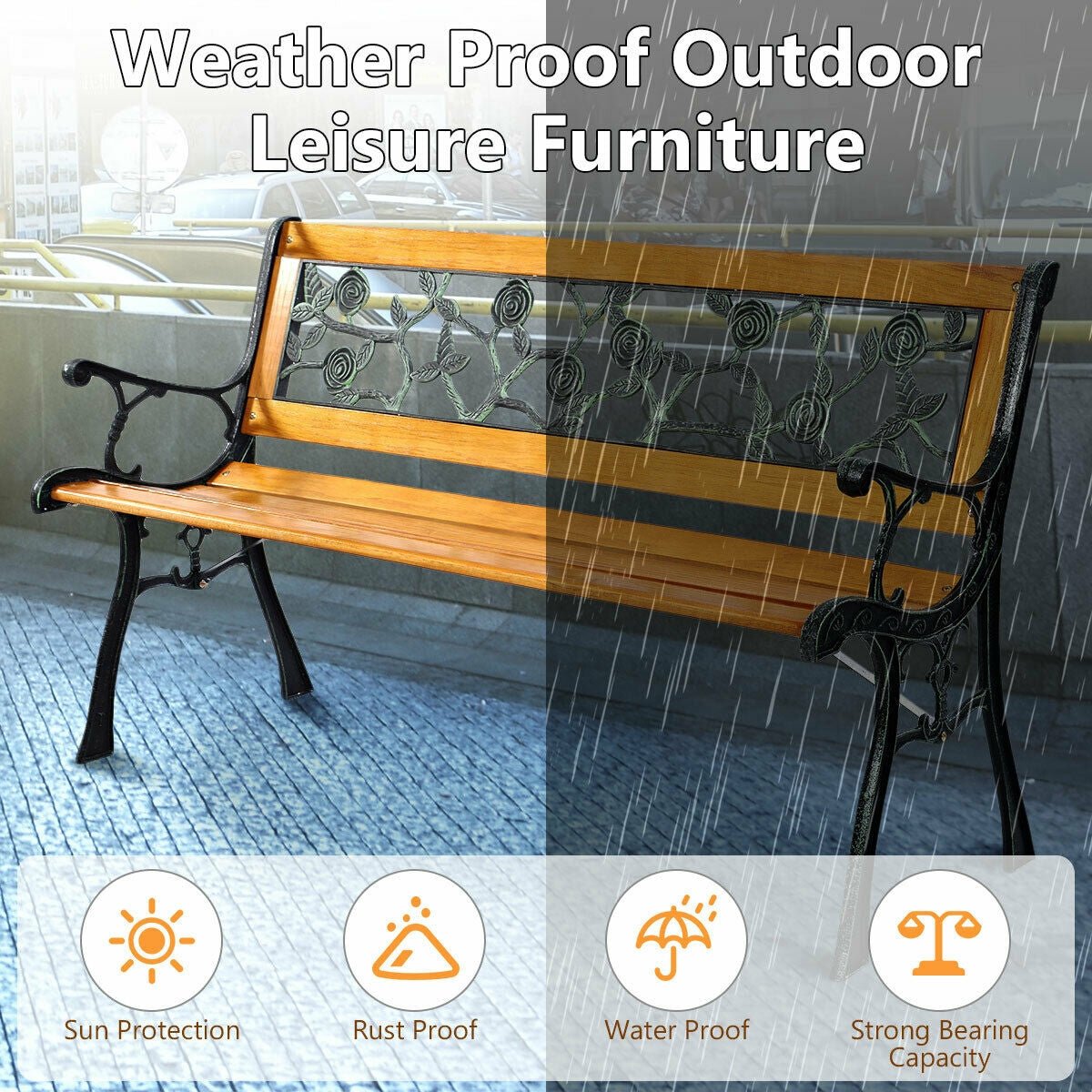 49.5” Outdoor Garden Bench – Wood & Iron Patio Chair with Decorative Backrest - Napa Valley Wildflower Co.