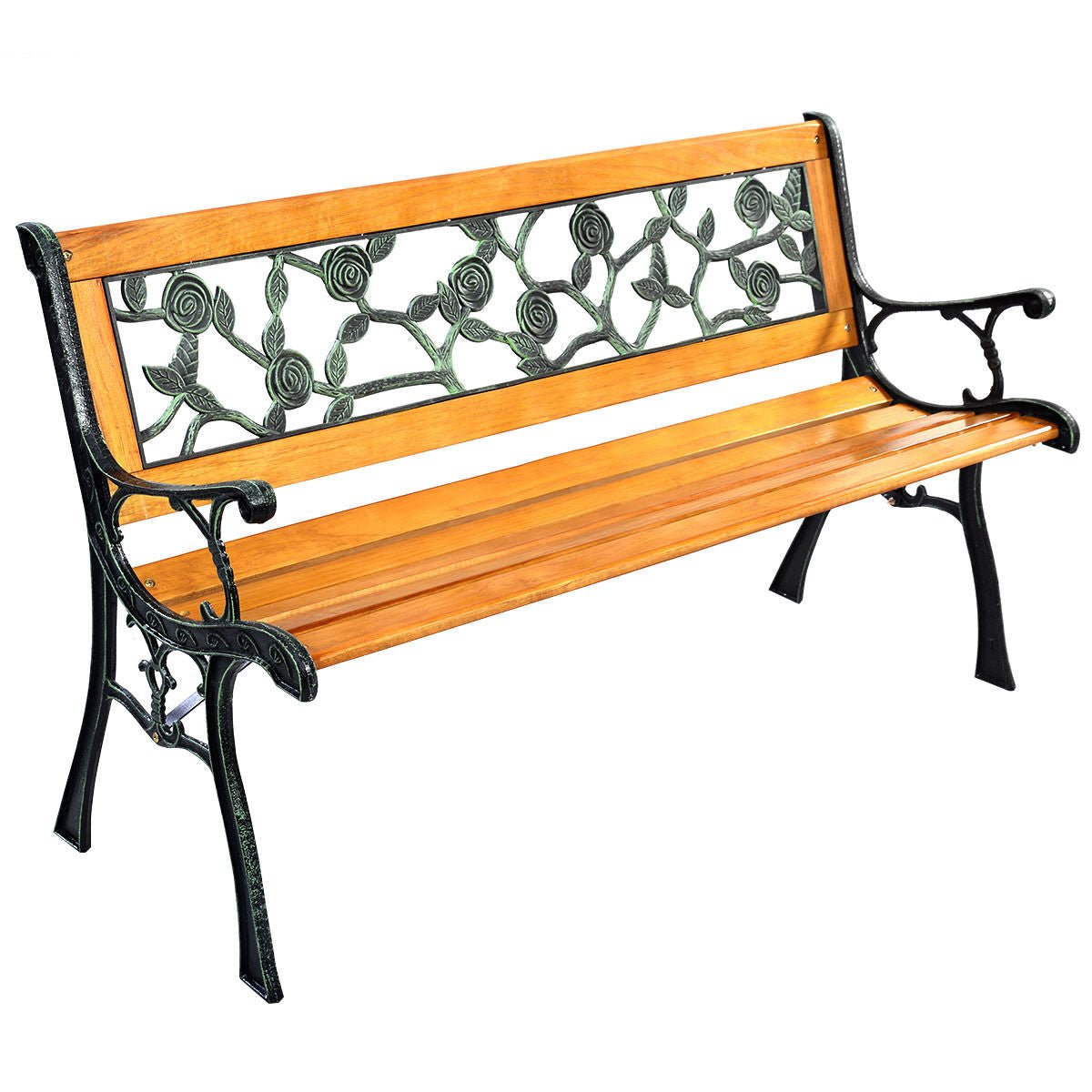 49.5” Outdoor Garden Bench – Wood & Iron Patio Chair with Decorative Backrest - Napa Valley Wildflower Co.