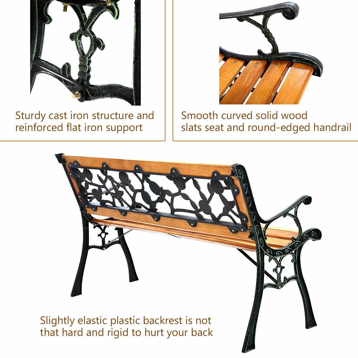 49.5” Outdoor Garden Bench – Wood & Iron Patio Chair with Decorative Backrest - Napa Valley Wildflower Co.