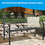 Steel garden bench with welcome characters pattern in a garden setting