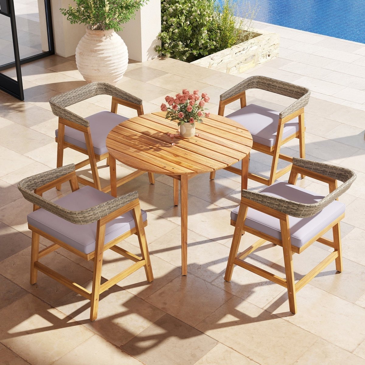 5 - Piece Outdoor Patio Dining Set – Acacia Wood Table & Chairs with Cushions and Rattan Backrests - Napa Valley Wildflower Co.