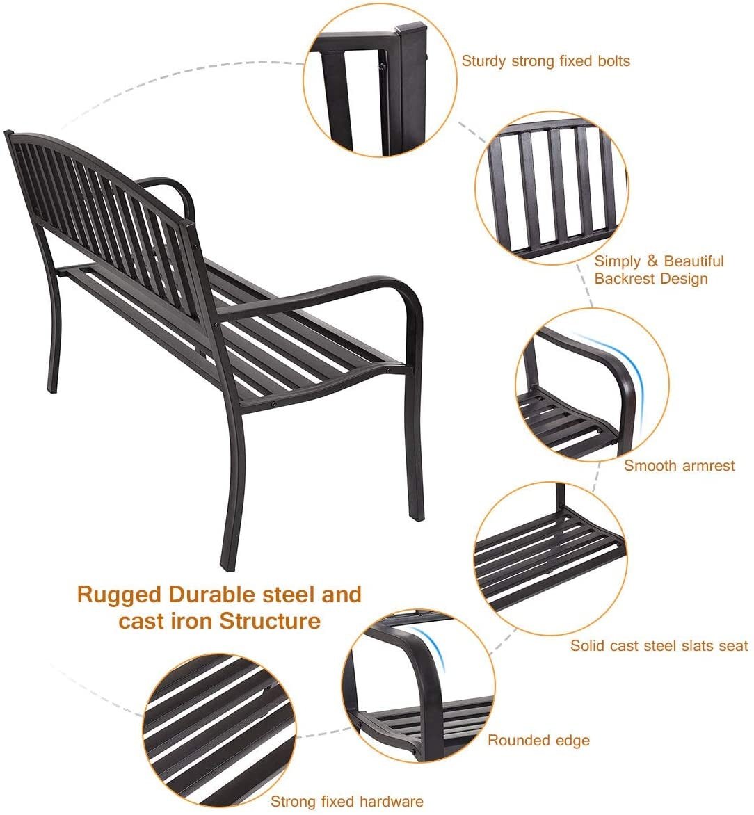 50” Outdoor Garden Bench Loveseat – Steel Patio Bench with Armrests - Napa Valley Wildflower Co.