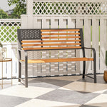 50” Outdoor Garden Bench with Flag Backrest – Rustic Wood Grain Metal Patio Bench (Brown) - Napa Valley Wildflower Co.