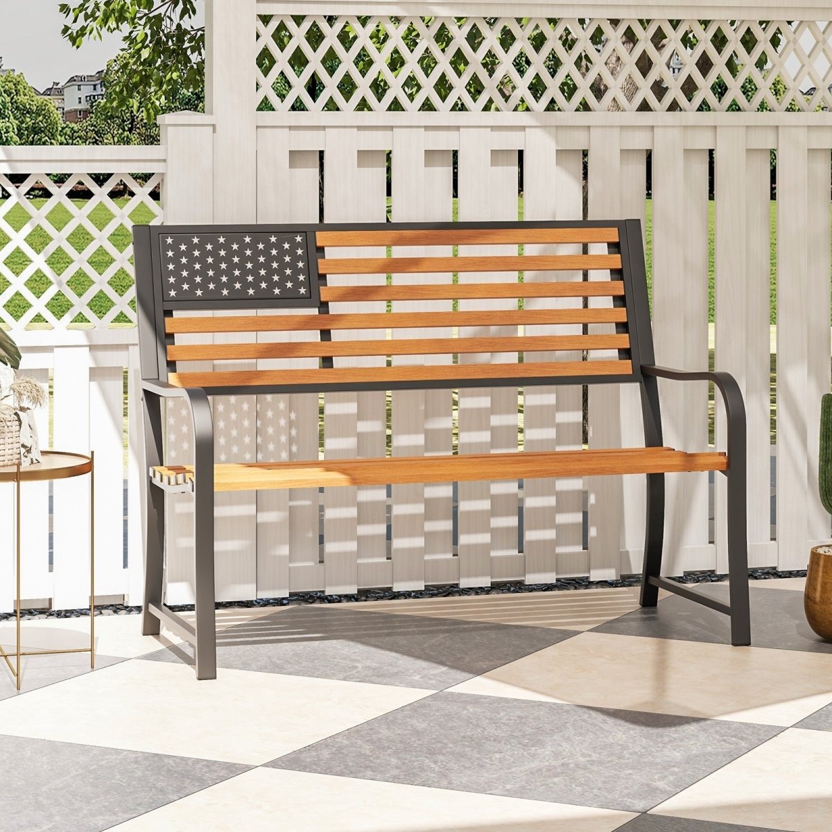 50” Outdoor Garden Bench with Flag Backrest – Rustic Wood Grain Metal Patio Bench (Brown) - Napa Valley Wildflower Co.