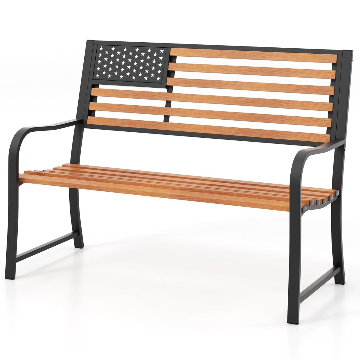 50” Outdoor Garden Bench with Flag Backrest – Rustic Wood Grain Metal Patio Bench (Brown) - Napa Valley Wildflower Co.